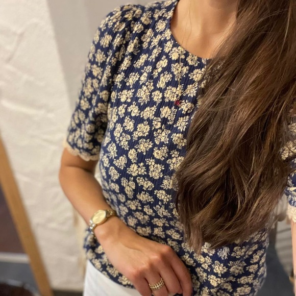 Sezane Clea Shirt Floral Crinkle Size Small French Top Blouse Romantic Lace Trim - Picture 3 of 16